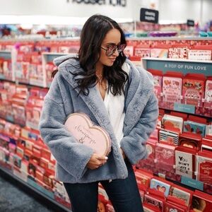 Free People Kate Faux Fur Double Breasted Coat in Cloudy Day Blue - M